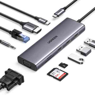 Концентратор Ugreen USB3.1 Type-C to HDMI/VGA/USB 3.0х3/RJ45/SD/TF/PD/35мм TRRS 100W 10-in-1 (15601) Винница