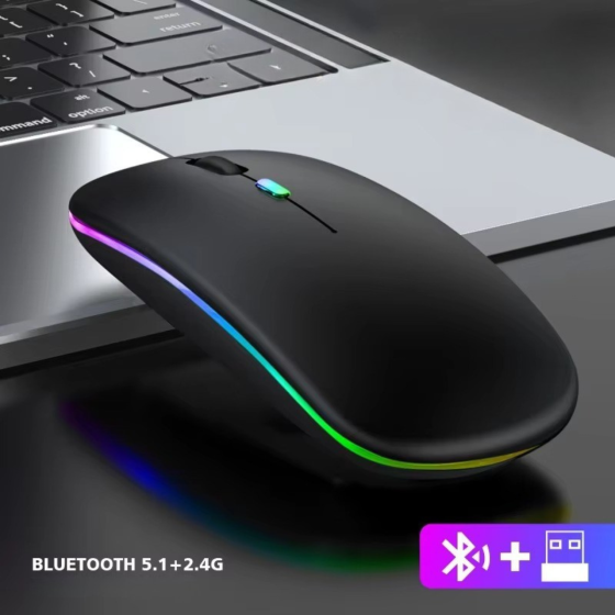Миша бездротова комп'ютерна, безшумна, оптична з RGB-підсвічуванням 2.4G+Bluetooth DPI 800/1000/1200 чорна Кам'янець-Подільський