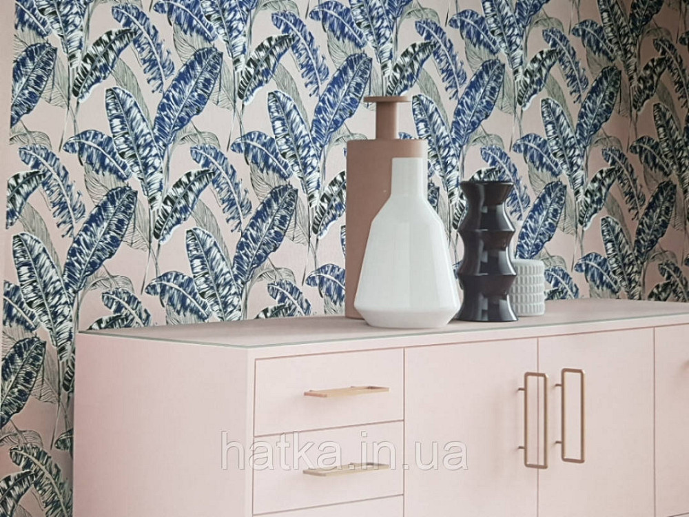 Шпалери вінілові на флізелін Marburg 82122 Felicita листя папороті сині чорні білі на рожевому тлі Київ - фото 2
