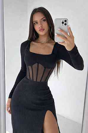 Женское стильное миди-платье с разрезом на ножке мустанг рубчик Черный, 46/48 Одесса