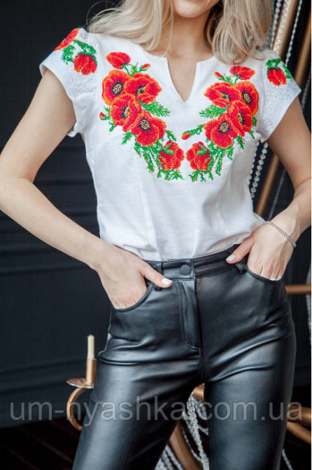 Натуральна Блузка з вишивкою "Чарівні маки" для жінок і дівчаток-підлітків Біла Кривий Ріг - фото 1