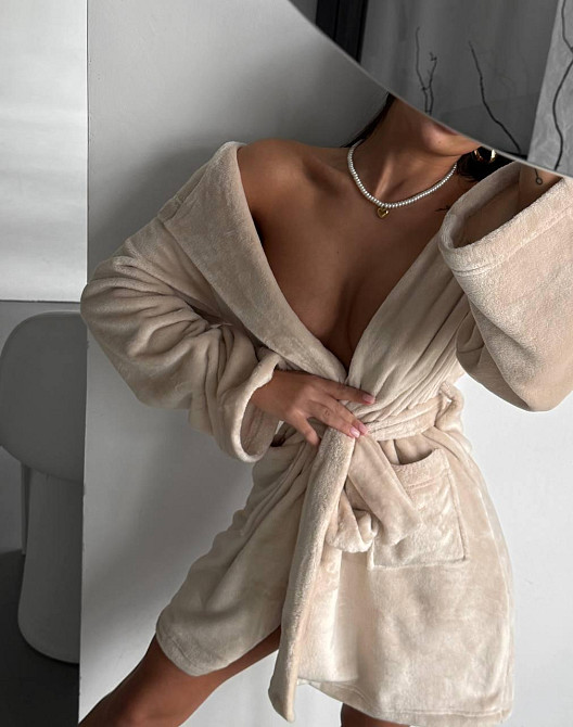 Жіночий теплий короткий халат із поясом із турецької махри Бежевий, 42/44 Одеса - фото 1