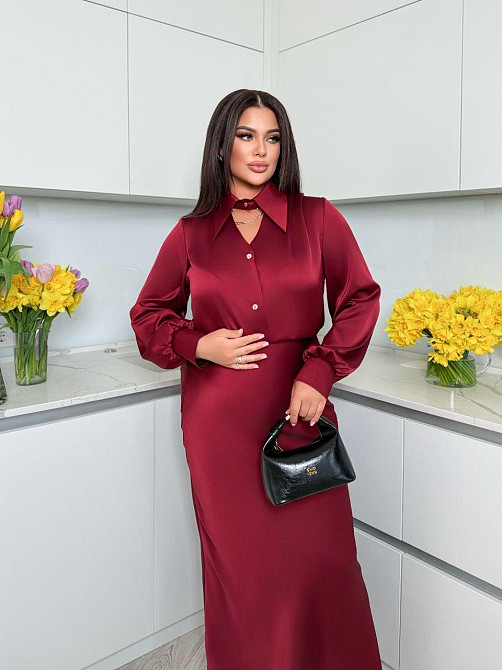 Женская стильная блуза свободного кроя с вшитым воротником-чокером на пуговицах итальянский шелк Бургунди, 42/46 Одесса - изображение 5