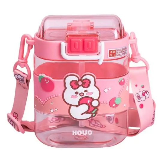 Пляшка для води дитяча з трубочкою та ремінцем 560 мл пляшечка для пиття в школу 15 см Рожева HP-14-36P Київ