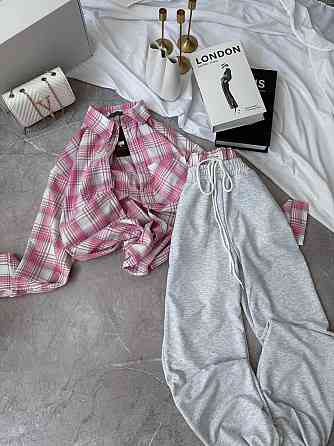 Женский повседневный костюм двойка: рубашка в клетку и штаны фланель + двунитка Розовый, 42/46 Одесса