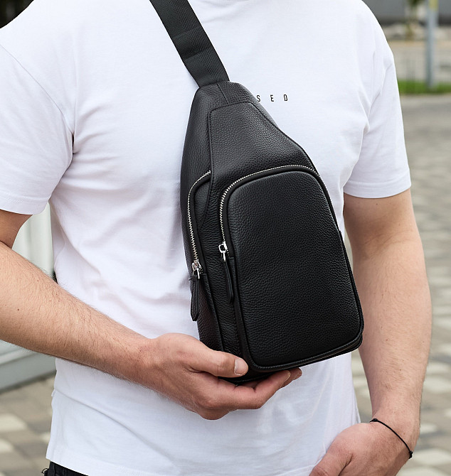 Чорна чоловіча шкіряна сумка-бананка через плече Київ - фото 5