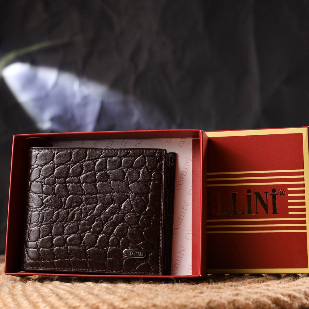 Цікавий гаманець для чоловіків у два складення з натуральної фактурної шкіри з тисненням під крокодила CANPELLINI 21583 Коричневий Київ - фото 10
