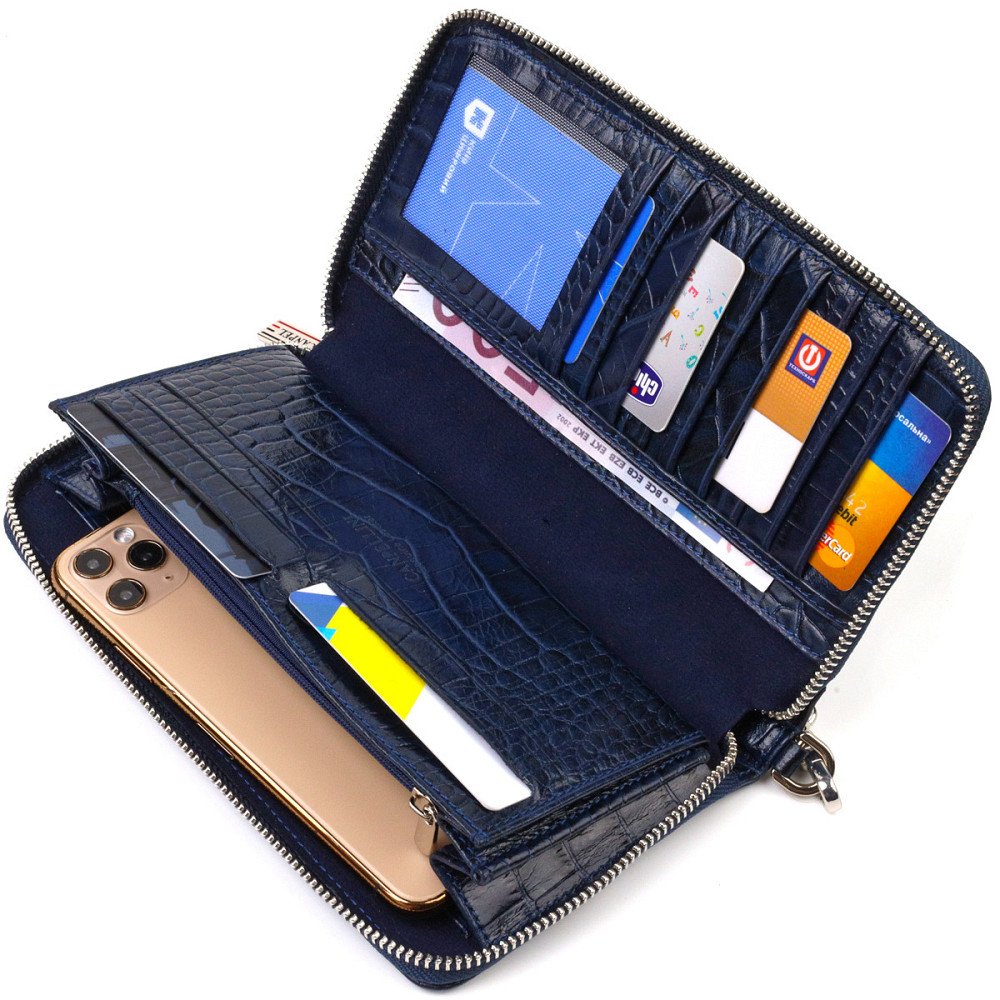 Зручний клатч для жінок із натуральної шкіри із тисненням під крокодила CANPELLINI 21922 Синій Київ - фото 5