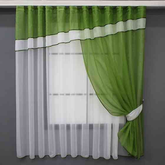 Кухонная занавеска VR-Textil № 018к штора и тюль с ламбрекеном оливковый с белым 270х170 см (52-1012) Киев