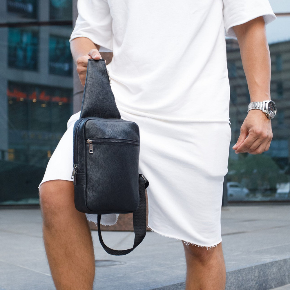 Нагрудна слінг сумка чоловіча з натуральної шкіри містка зручна, чорнаMasterSem Київ - фото 2