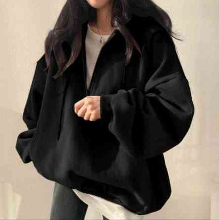 Жіноча утеплена об'ємна оверсайз худі зі змійкою тринитка на флісі Чорний Одеса