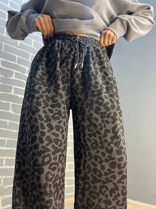 Брюки жіночі A-N 2630 палаццо леопардовий принт резинка на талії шнурок широкі сірі, сірий, M Київ - фото 18