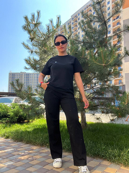 Костюм женский YUJIE YISHANG 7162 камни футболка удлиненная цифра 5 брюки ровные от бедра черный, черный, XL Киев - изображение 6
