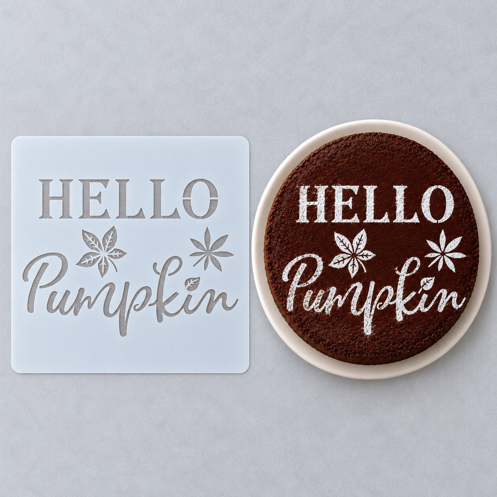 Трафарет на Хелловін з написом Hello Pumpkin та осіннім листям для декорування торта і випічки Київ - фото 2