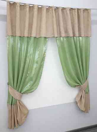 Кухонные шторы VR-Textil № 073к с ламбрекеном и подхватами светло-оливковый с песочным 270х170 см (52-0475) Киев
