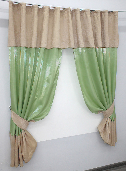 Кухонные шторы VR-Textil № 073к с ламбрекеном и подхватами светло-оливковый с песочным 270х170 см (52-0475) Киев - изображение 2