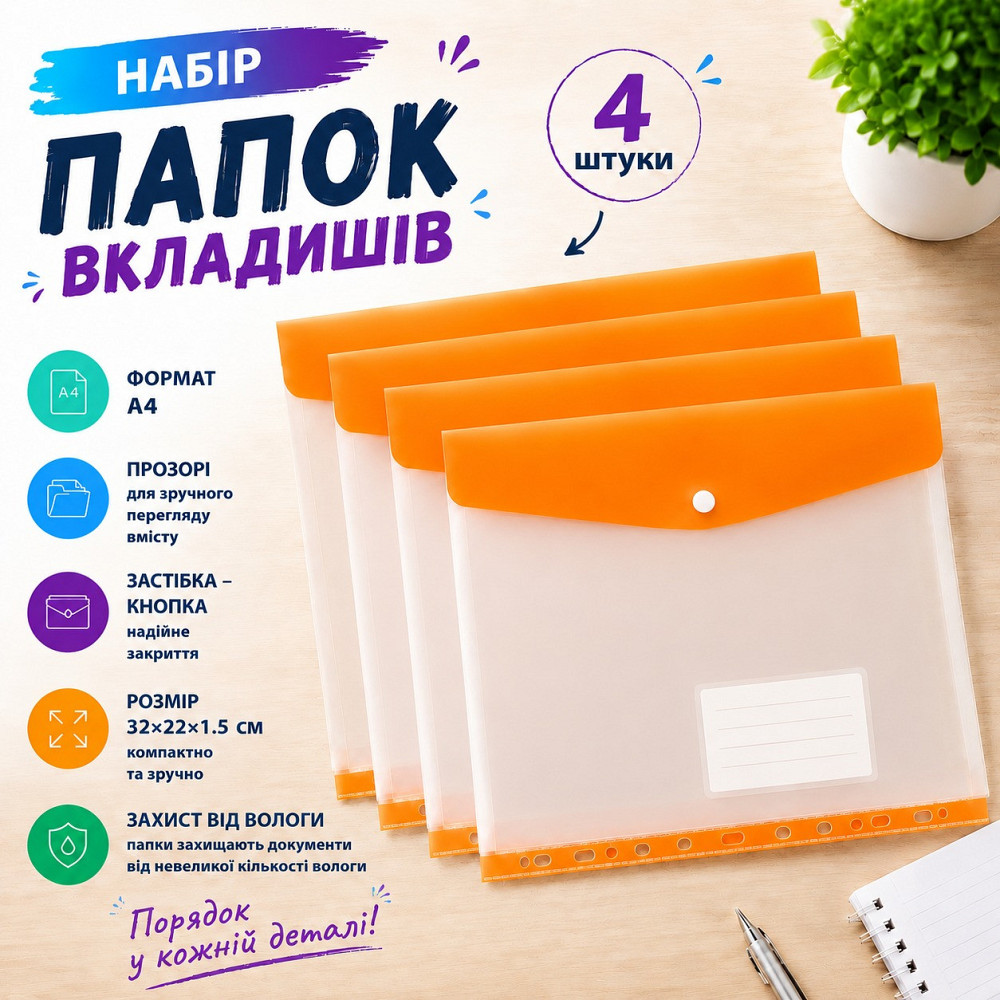 Набор папок-файлов с кнопкой для документов 4 шт формат А4 папка-конверт для фолдера папки-органайзеры прозрачные, розовый Каменец-Подольский - изображение 1