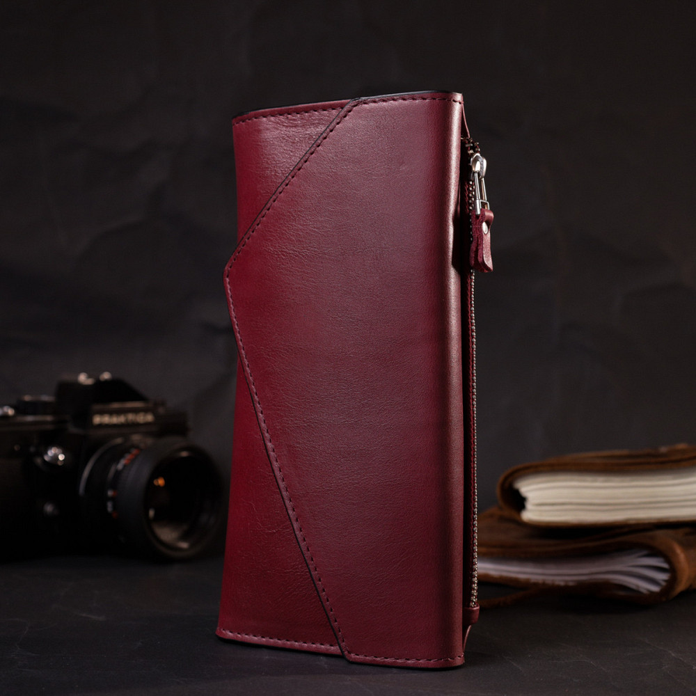 Місткий гаманець із монетницею зовні з натуральної шкіри GRANDE PELLE 11647 Бордовий Київ - фото 7