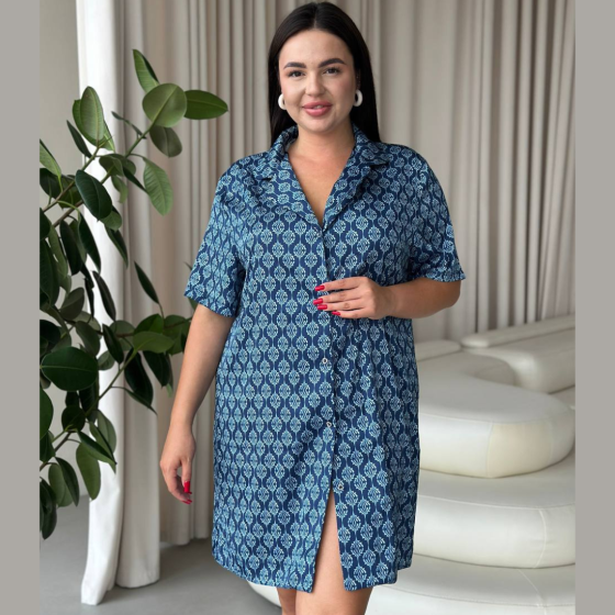 Жіноча шовкова нічна сорочка великих розмірів Ночнушка PLUS SIZE Одяг для дому Сукня для сну шовк синя Одеса