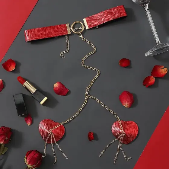 Пестис-сердечка з ланцюжками та чокером JSY Nipple Sticker RT236114 Red Львів