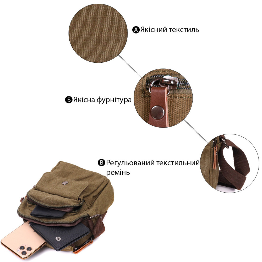 Цікава невелика чоловіча сумка із щільного текстилю Оливковий (Vintage) Київ - фото 8