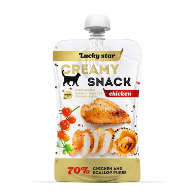 Лакомство для котов Lucky Star Мягкое пюре из мяса курицы и тихоокеанских морских расчесок 85 г (4820281500275) Вінниця - фото 1