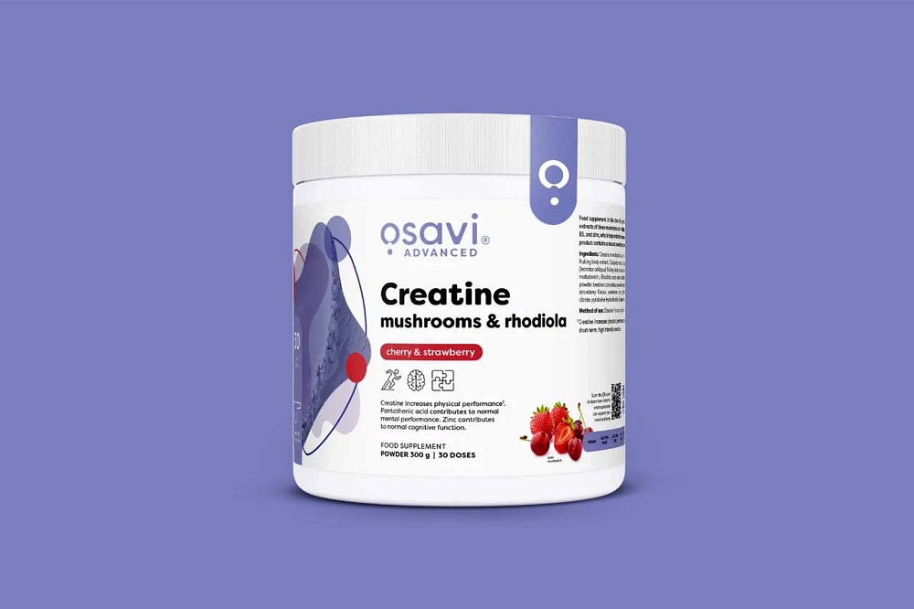 Креатин, грибной комплекс и родиола Osavi Creatine, Mushrooms & Rhodiola (вишня-клубника) 300 g Луцк - изображение 2