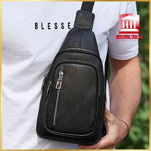 Брендова чоловіча нагрудна сумка рюкзак слінг з натуральної шкіри молодіжна шкіряна чорна сумочка на плече Tiding Bag Київ