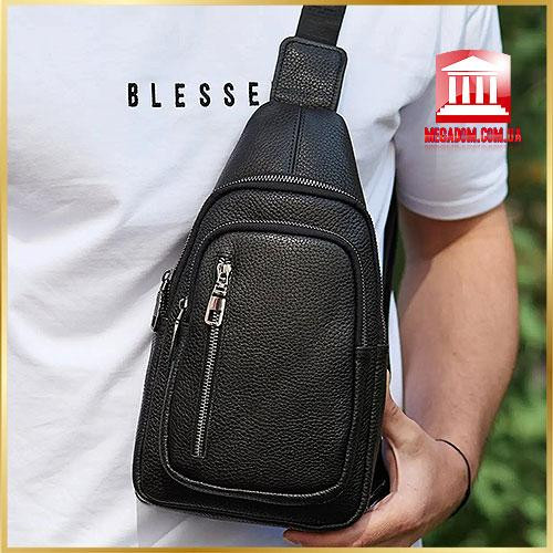 Брендова чоловіча нагрудна сумка рюкзак слінг з натуральної шкіри молодіжна шкіряна чорна сумочка на плече Tiding Bag Київ - фото 1
