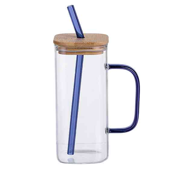 Скляна чашка 400 мл з бамбуковою кришкою і синьою трубочкою HP-19-146BL Коломыя
