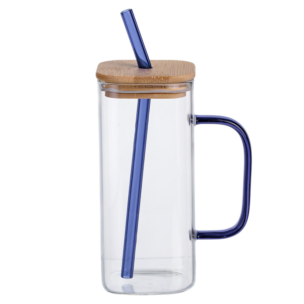 Скляна чашка 400 мл з бамбуковою кришкою і синьою трубочкою HP-19-146BL Коломыя - изображение 1