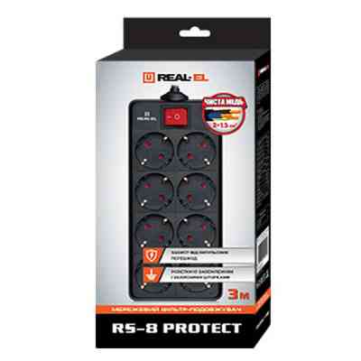 Мережевий фільтр живлення REAL-EL REAL-EL RS-8 PROTECT, 1.8m, black (EL122300021) Вінниця