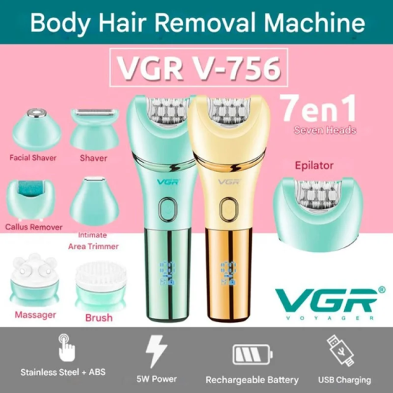 Епілятор VGR 7 в 1 V-756 акумуляторний водонепроникний IPX7 з підсвіткою (тример, бритва, 7 насадок, 600 мАг) Одеса