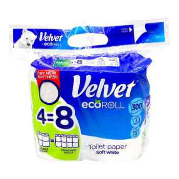 Velvet туалетний папір Soft White Eco Roll 4=8 рулонів 3 шари 300 відривів Гостомель