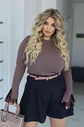 Женский лонгслив рубчик с кружевом Chic Батал 50-52, Мокко Киев