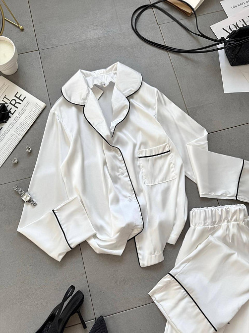 Жіноча легка піжама подвійна: сорочка та штани шовк Білий, 46/48 Одеса - фото 2