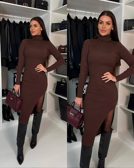 Женское романтичное теплое платье-гольф с разрезом по ножке ангора рубчик Шоколад, 46/48 Одесса - изображение 1
