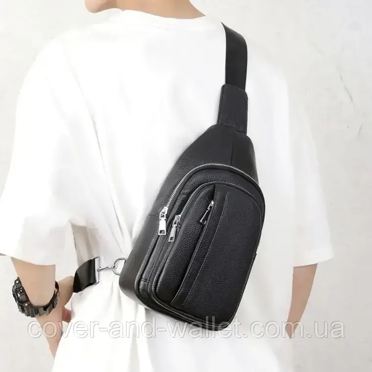 Мужской качественный кожаный слинг черного цвета через плечо Puos Киев - изображение 2