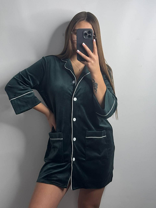 Женская рубашка-халат плюш-велюр Изумрудный M-L Харьков - изображение 1