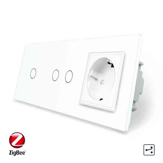 Розумний сенсорний прохідний/перехресний вимикач 3 сенсора (1-2) 1 розетка Livolo білий скло (VL-C701SZ/C702SZ/C7C1EU-11) Коломия