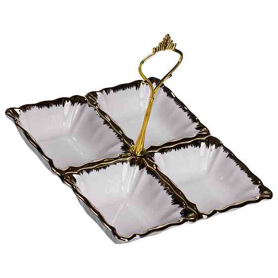 Менажниця порцелянова на 4 секції для закусок тарілка менажниця 18×18×3 (см) менажниця з ручкою Білий з золотом LC-BYL-100 Київ