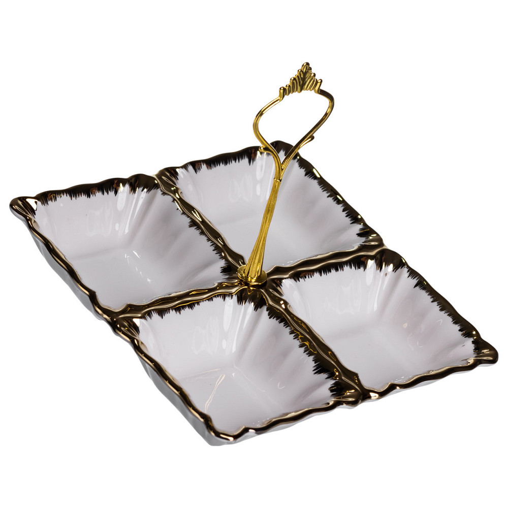Менажниця порцелянова на 4 секції для закусок тарілка менажниця 18×18×3 (см) менажниця з ручкою Білий з золотом LC-BYL-100 Київ - фото 4