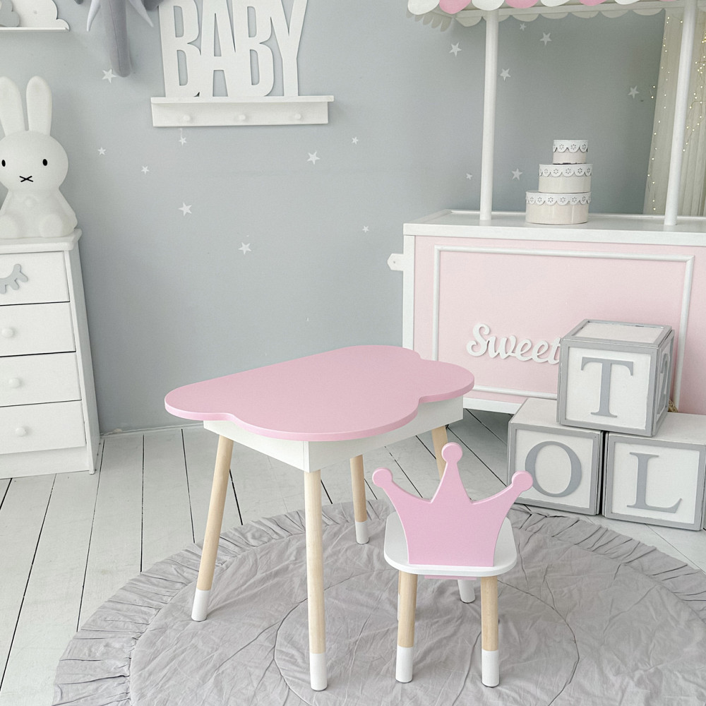 Столик облачко с откидной нишей 54х68х50 и стульчик корона 26х26х24, стол и стул в детский, белый Каменское - изображение 9