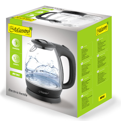 Електрочайник 1,7л 1370-1630W скло (диск) чорний MR-063-BLACK Maestro Житомир - изображение 3