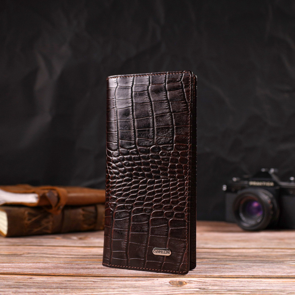 Вертикальный бумажник без застежки из натуральной кожи с тиснением под крокодила Коричневый (CANPELLINI) Киев - изображение 2