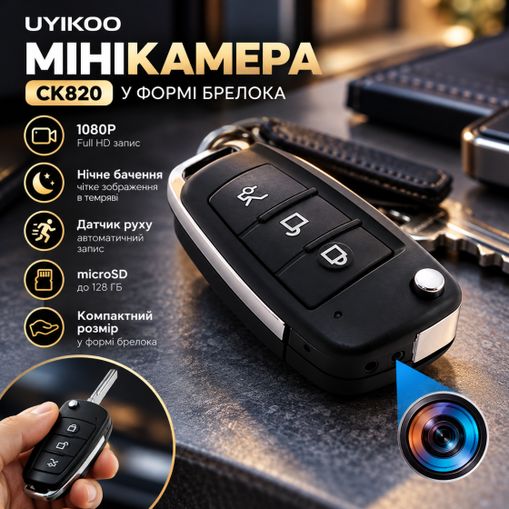 Мінікамера UYIKOO CK820 у формі брелока 1080P Full HD, нічне бачення, датчик руху, запис microSD до 128 ГБ Київ