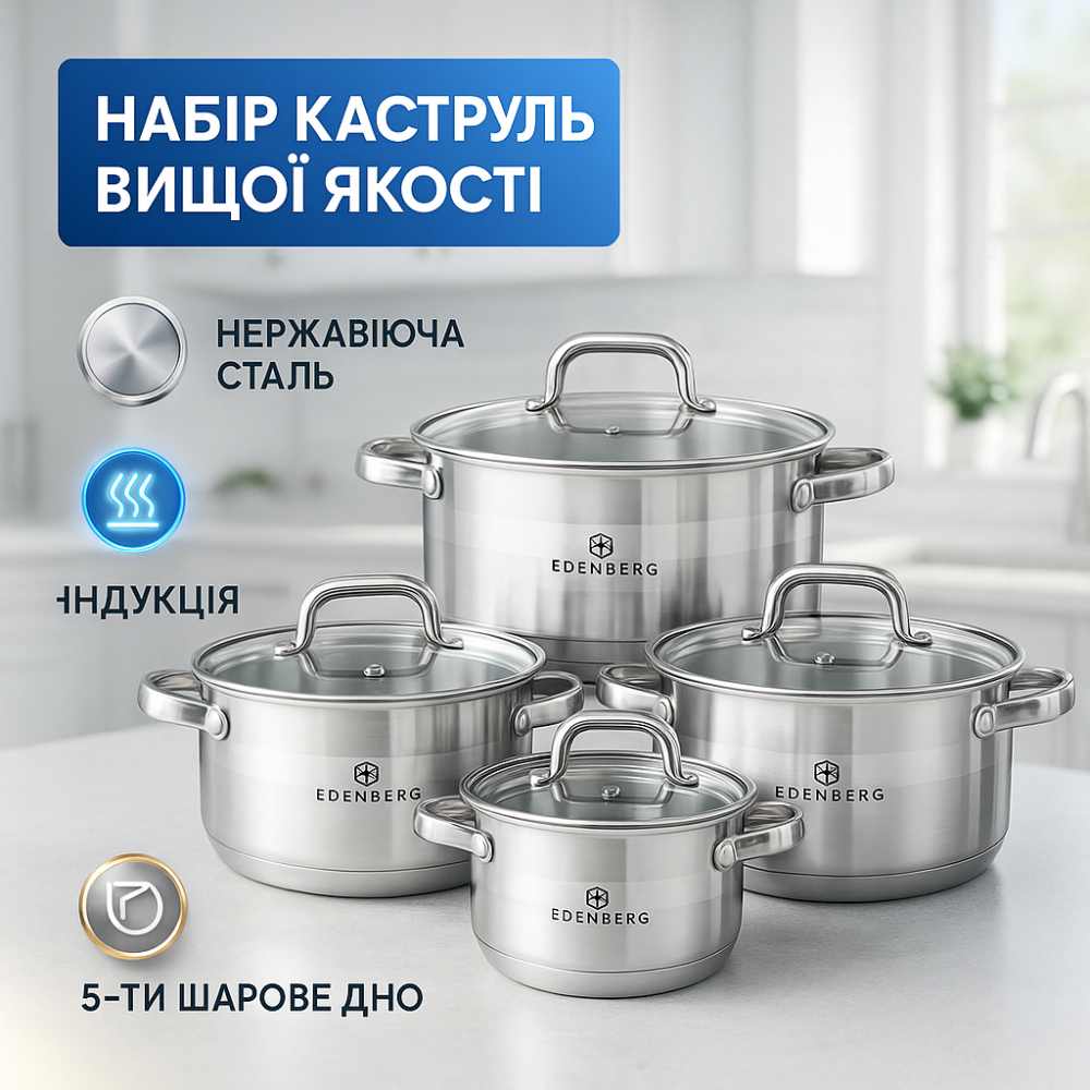 Набор посуды из нержавеющей стали Edenberg EB-3742 со стеклянными крышками 8 предметов LQ-31 Львов - изображение 13