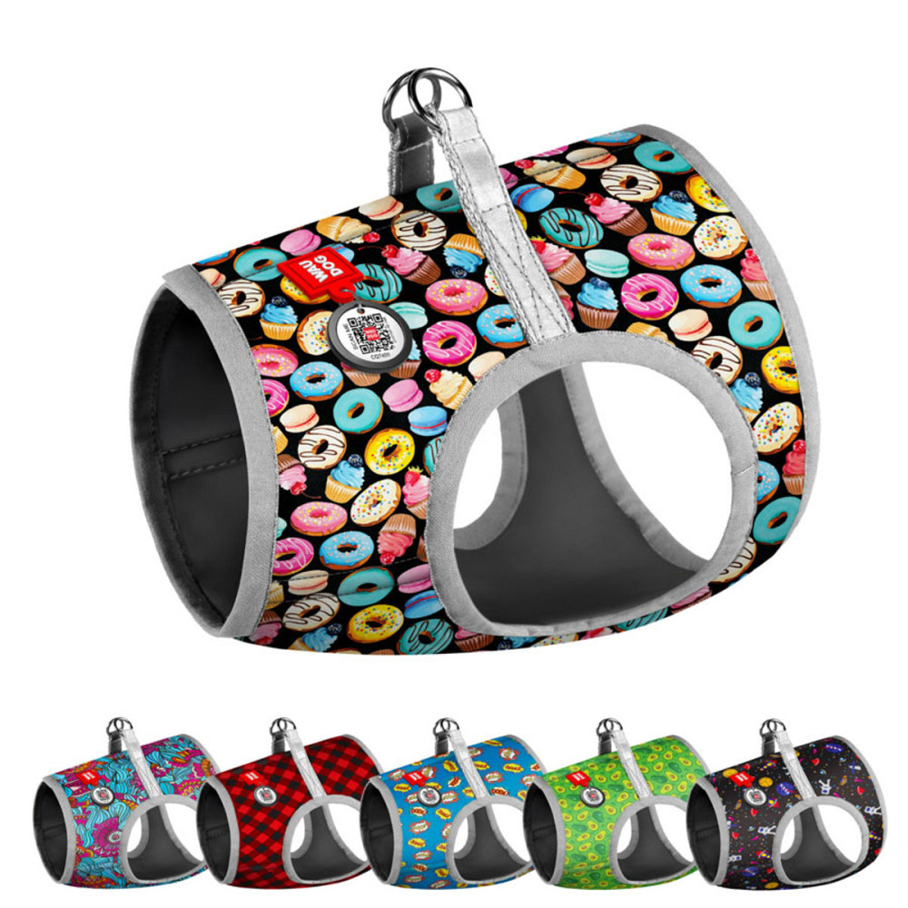 Шлея для собак м'яка WAUDOG Clothes з QR паспортом, малюнок "Пончики", XS2, В 28-31 см, С 20-22 см Київ - фото 1