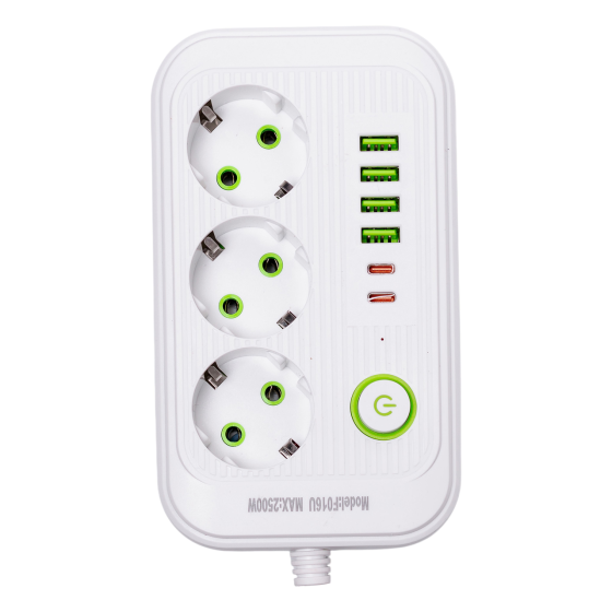 Сетевой фильтр кабель 4.75 м удлинитель F16 на 3 розетки 4 usb 2 type-c и кнопкой отключения Белый HP-5-21 Киев