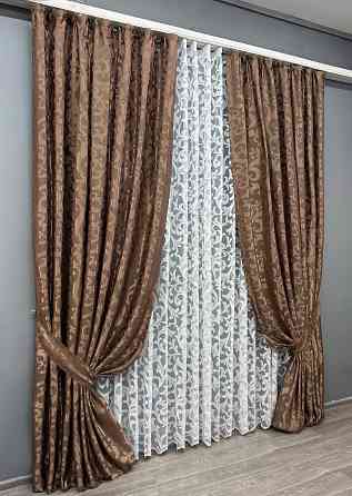 Комплект штор VR-Textil Жаккард Вензель 150х270 2шт и Тюль 400х270 478ш-1147т Коричневый с белым 71-103/3 Киев